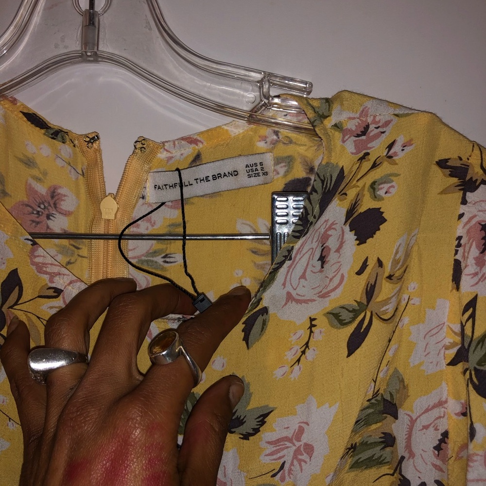 Faithfull the Brand Yellow Floral Tea Dress with Pink Rose Print